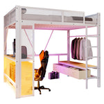 Metal Play Loft Bed 140x200cm, USB LED Desk Wardrobe Storage, White