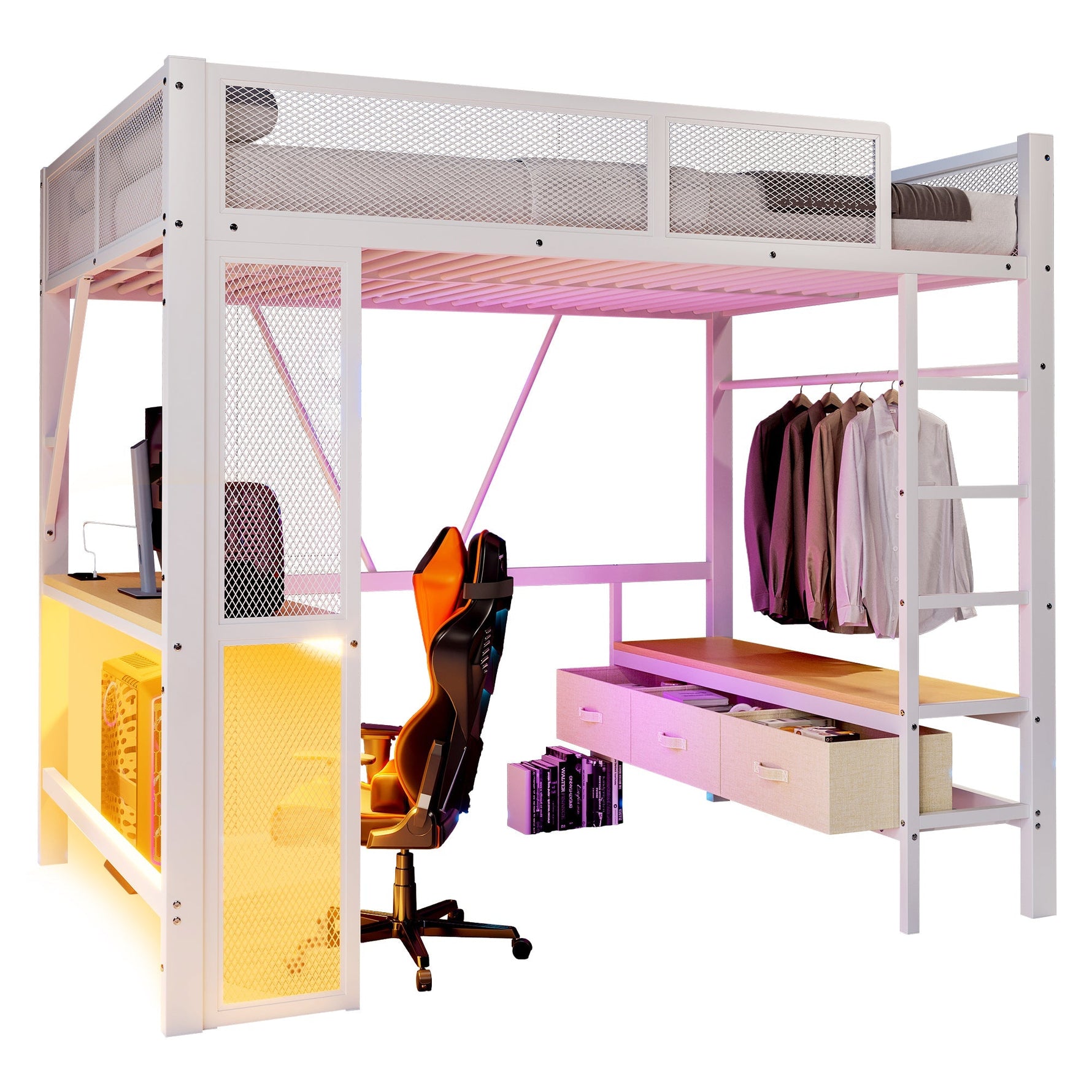 Metal Play Loft Bed 140x200cm, USB LED Desk Wardrobe Storage, White