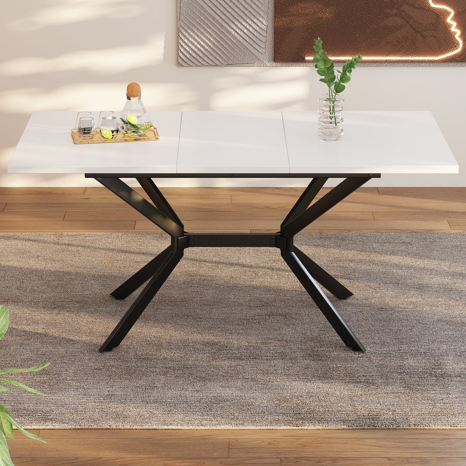 Extendable Dining Table, Rectangular Seating for 4-6 People, White and Black Metal