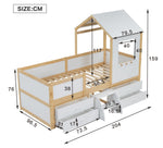 Children's Bed, Half-Height House Bed with 4 Drawers & Stairs, Pine+MDF+Plywood, White+Natural, 90x200cm
