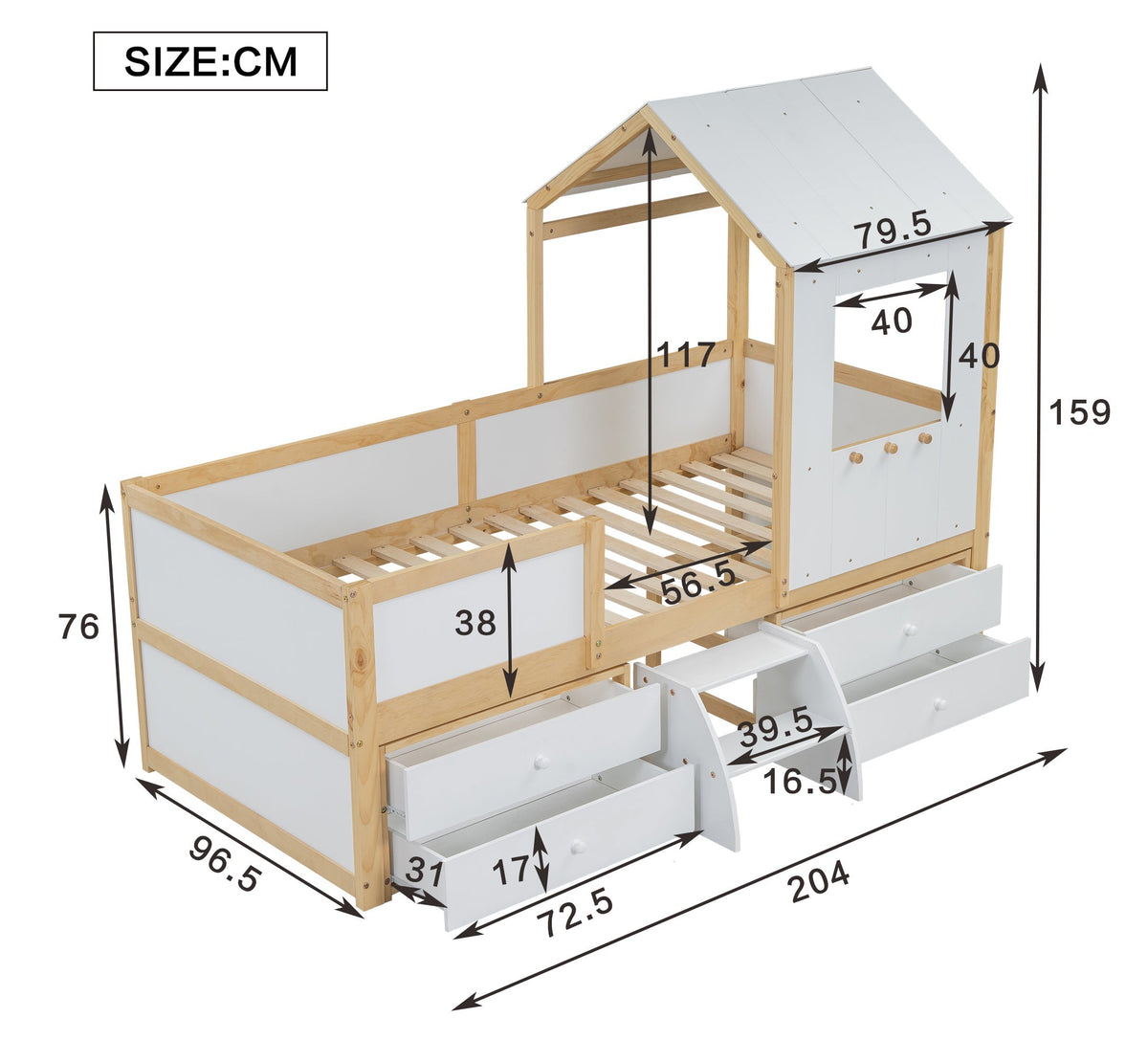 Children's Bed, Half-Height House Bed with 4 Drawers & Stairs, Pine+MDF+Plywood, White+Natural, 90x200cm