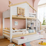 Bunk Bed 90x200cm with Trundle & Storage Ladder, White + Natural