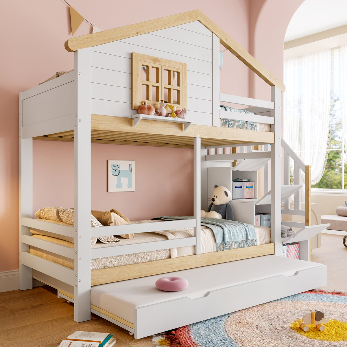 Bunk Bed 90x200cm with Trundle & Storage Ladder, White + Natural