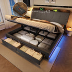 Upholstered Bed 180x200cm with Hydraulic Storage & LED, Grey Linen