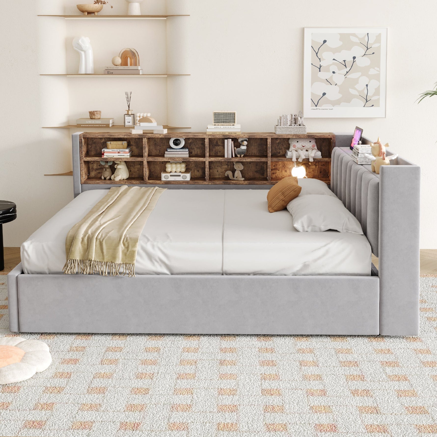 Upholstered Bed/Sofa Bed with Hydraulic Storage, USB Charging and Night Light, 140x200cm, Light Grey Velvet Fabric