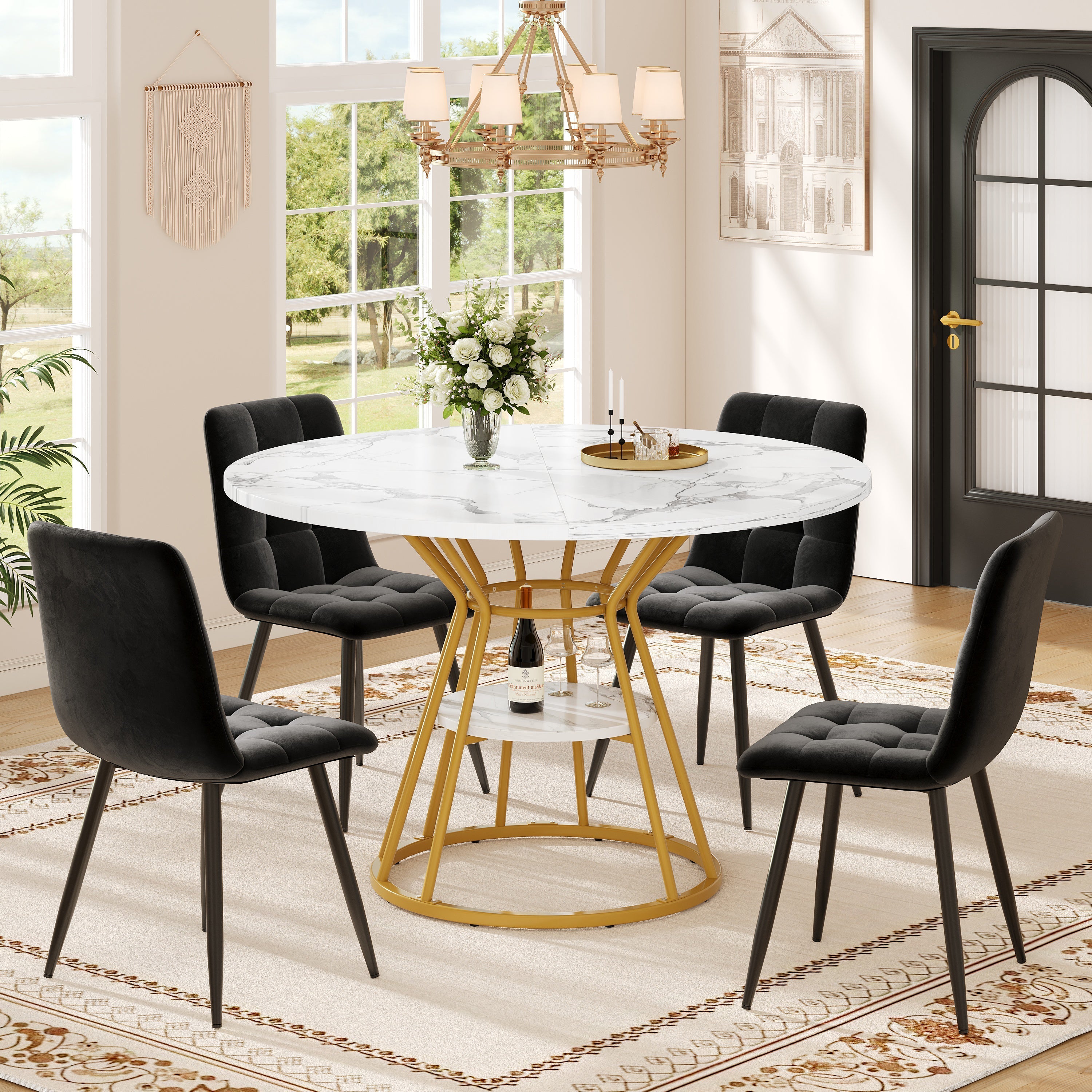 5-Piece Round Dining Table Set with 4 Velvet Chairs and Marble Top, Black