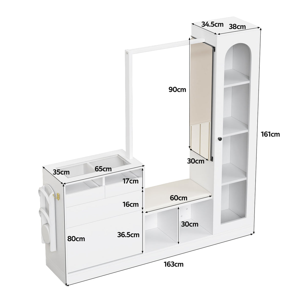 Entrance Combination, 6-in-1 Wardrobe Set, Dressing Table, Shoe Bench, Shoe Cabinet, Display Case with Color-Changing LED Light