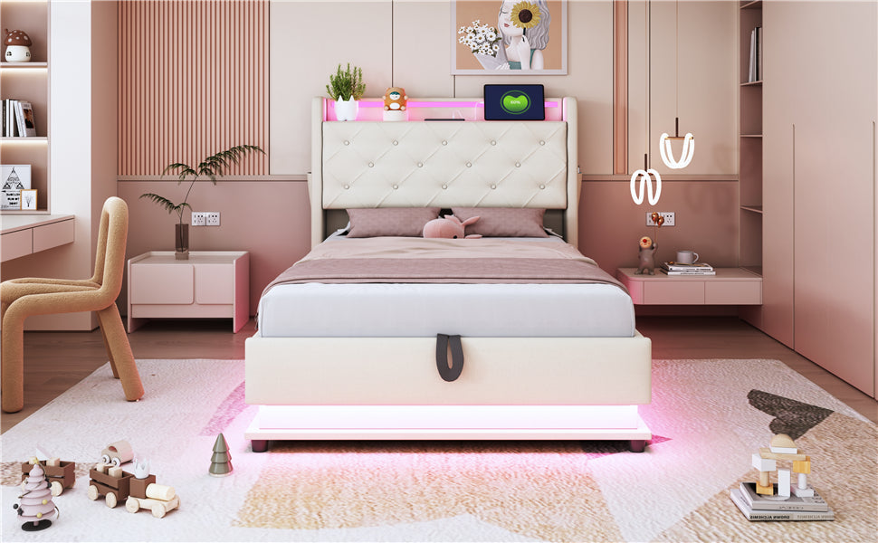 Children's Upholstered Bed 90*200cm, Lights, USB, Storage, Beige Linen