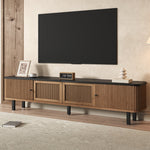 Modern TV Cabinet with Sliding Mesh Doors and Unique Design, Oak Wood Look
