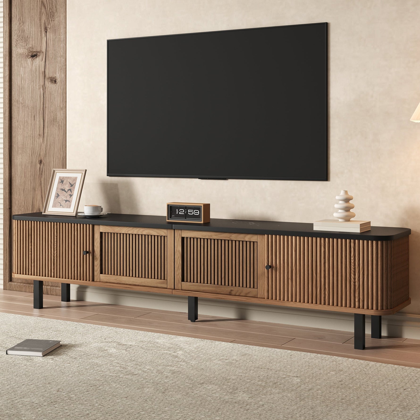 Modern TV Cabinet with Sliding Mesh Doors and Unique Design, Oak Wood Look