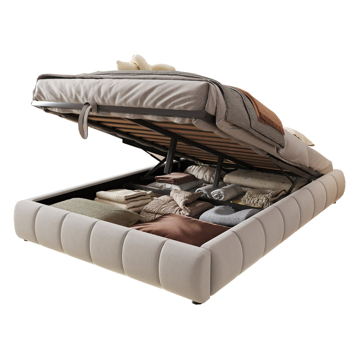 Upholstered Bed, 140x200cm, LED Light, Hydraulic Floating, Beige