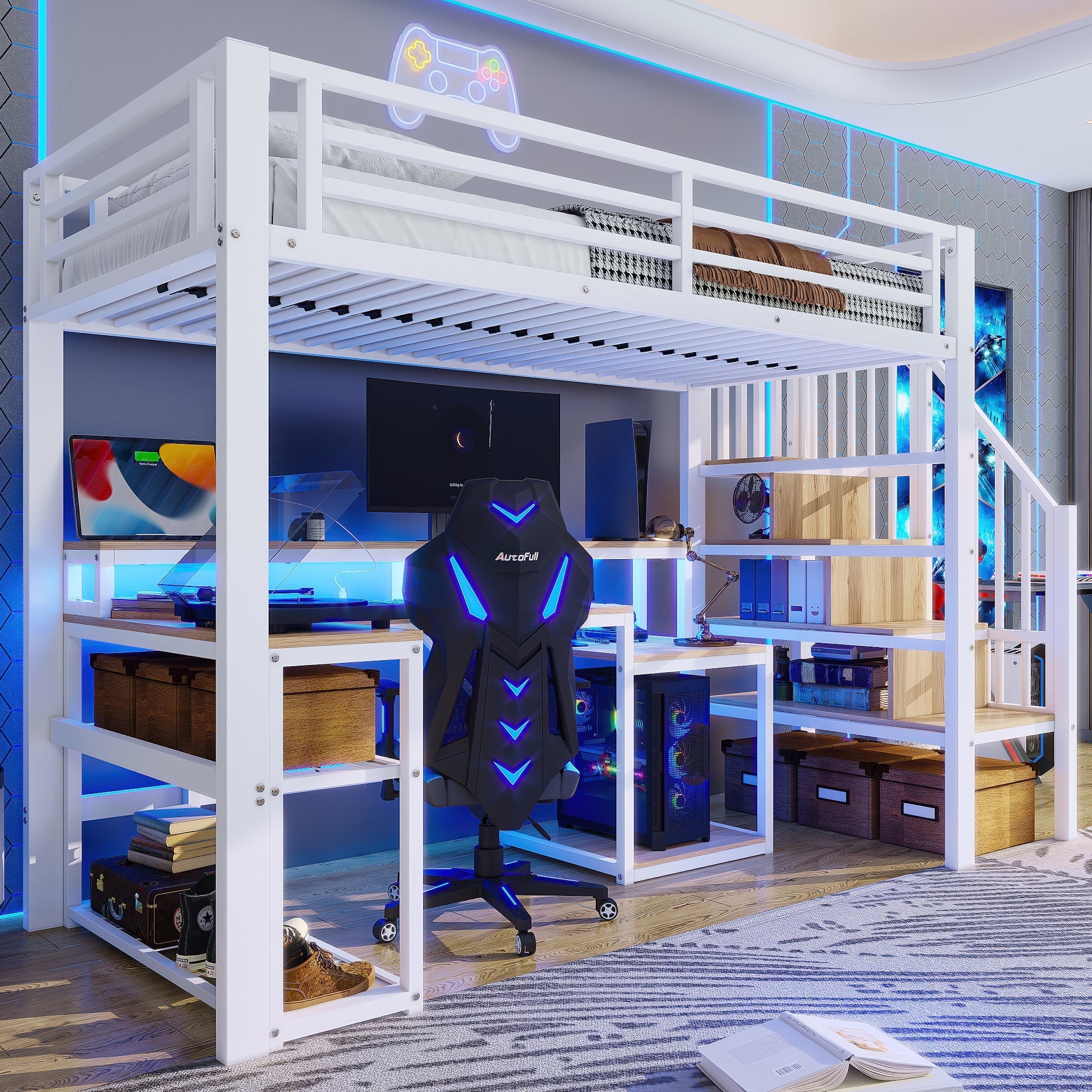 Loft Bed with Desk, LED Light Strip and Storage Staircase, 90 x 200 cm, White Iron Frame