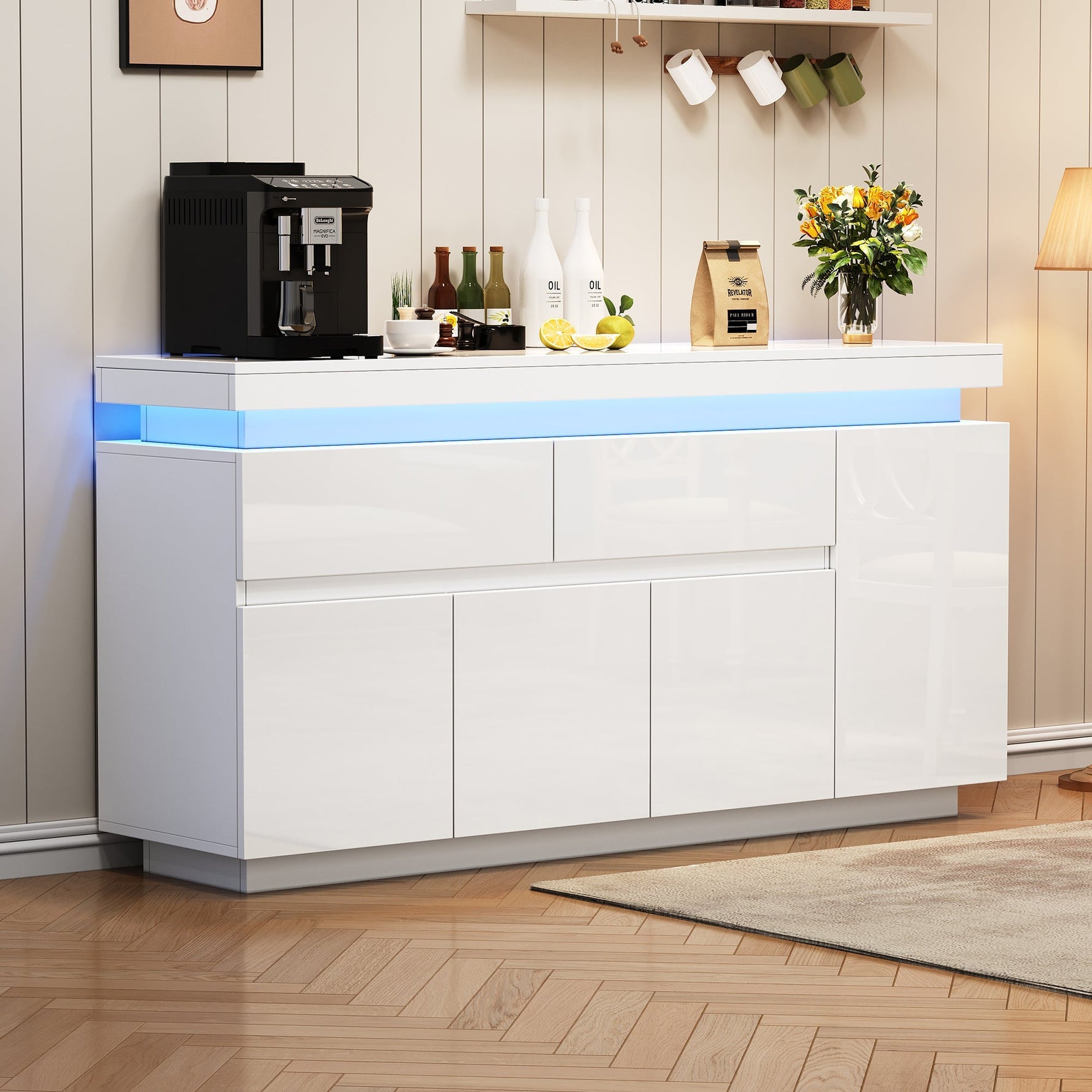 Sideboard 140x35x72.5cm High-Gloss LED 2 Drawers 4 Doors - White