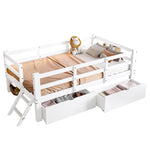 Wooden Platform Bed 90x200cm with Safety Railing & 2 Drawers, White