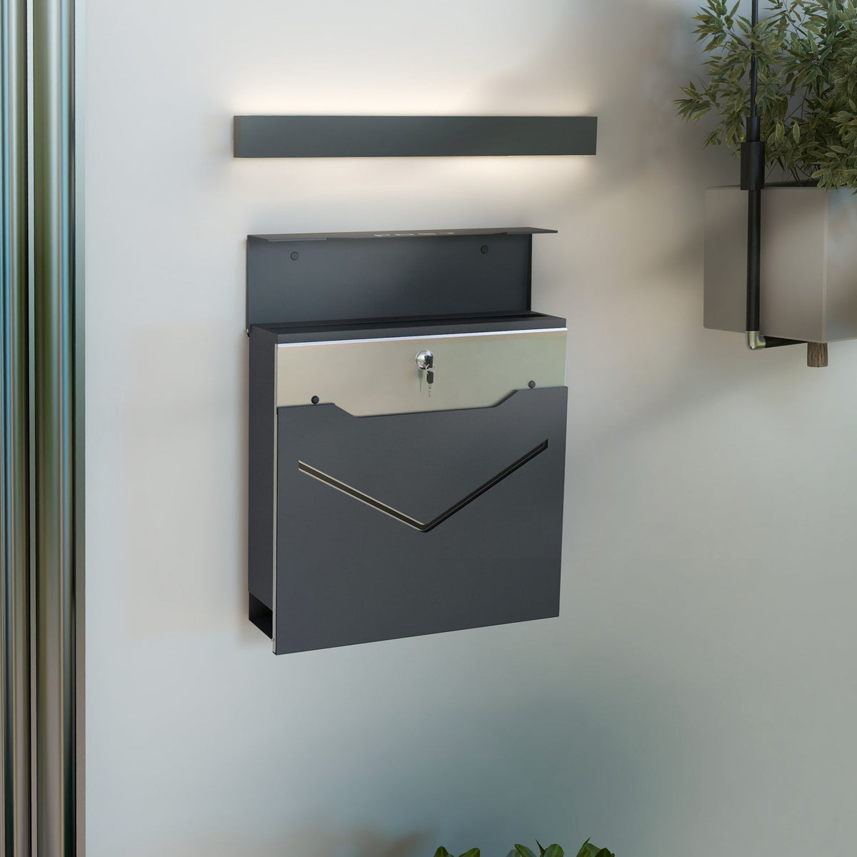 Anthracite Wall-Mounted Mailbox, Newspaper Compartment, Viewing Window, Galvanized Steel