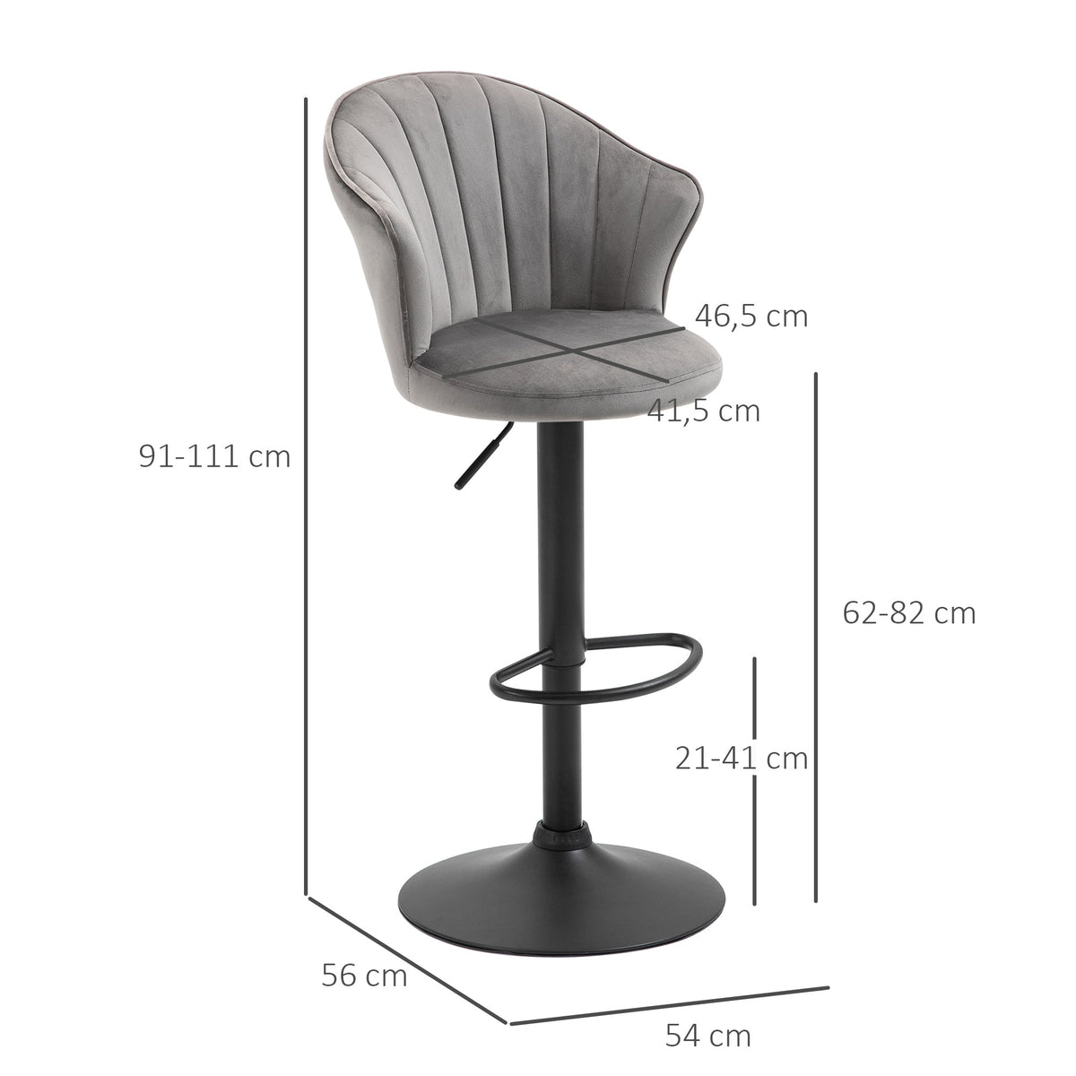 Set of 2 Bar Stools, Swivel Height-Adjustable with Backrest, Velvet Grey