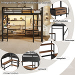 Loft Bed 140x200cm with Desk, LED Light & Shelves, Black Iron