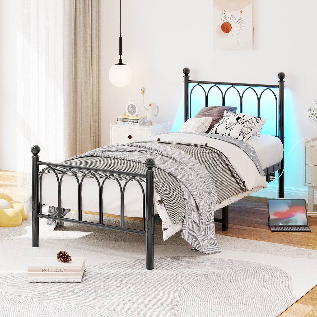 Metal Bed Frame with USB, LED, Vintage Headboard and Footboard, Black