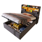 Upholstered Single Bed 90x200cm Hydraulic Storage LED Headboard USB/Type-C Charging, Grey Linen Fabric