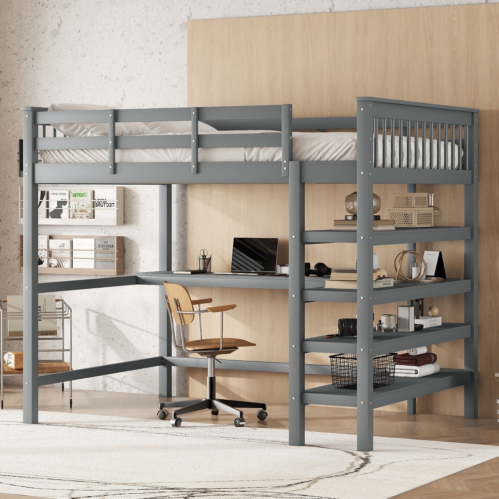 Loft Bed 140x200cm Storage Compartments Desk - Grey