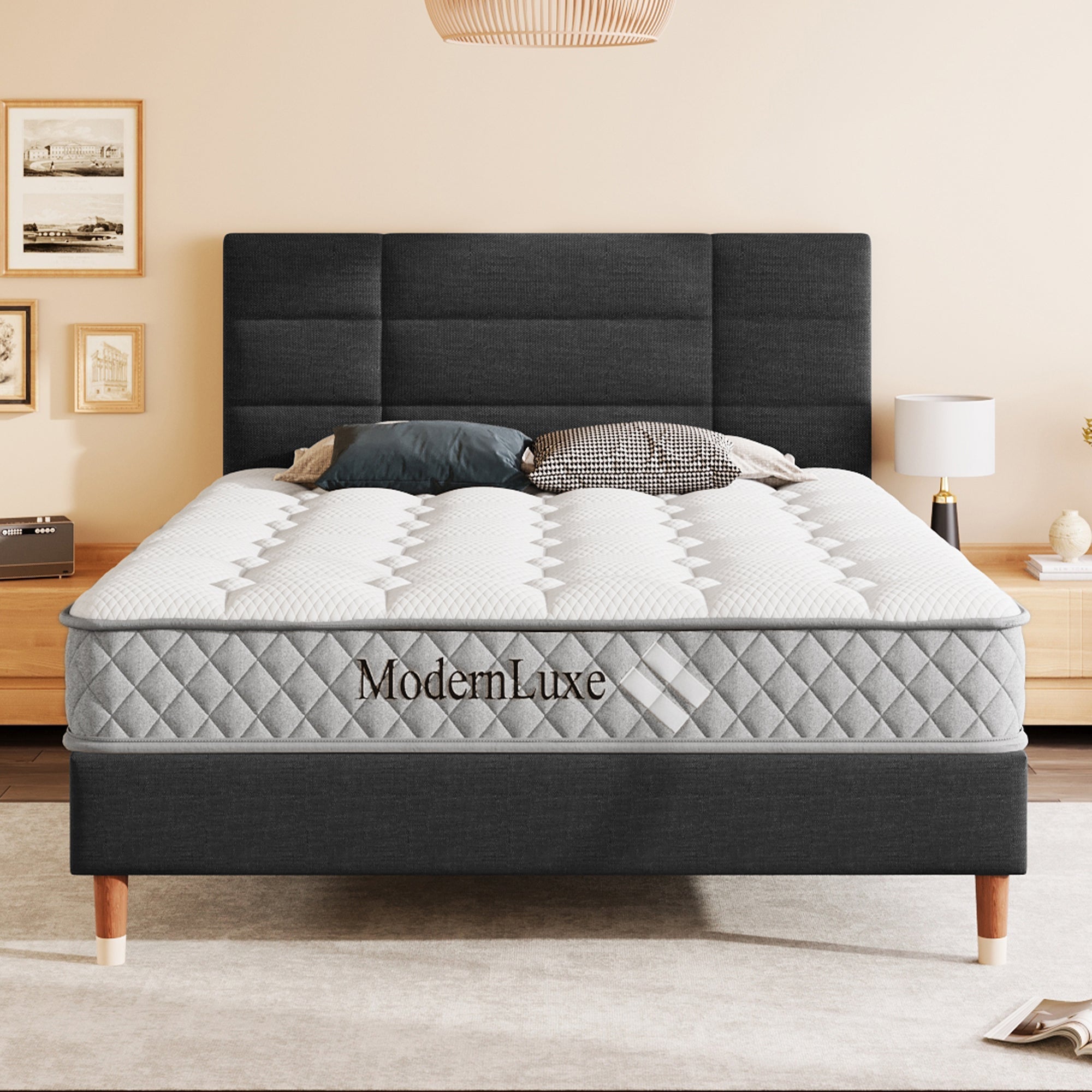 Upholstered Double Bed, 140x200cm with Headboard, Black Linen