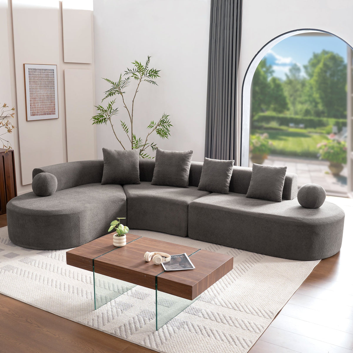 L-Shaped Cloud Sofa, 327cm Large Arched Corner Couch with Thick Padding, Cream White