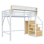 Loft Bed 140x200 with Safety Ladder & Storage, White Metal