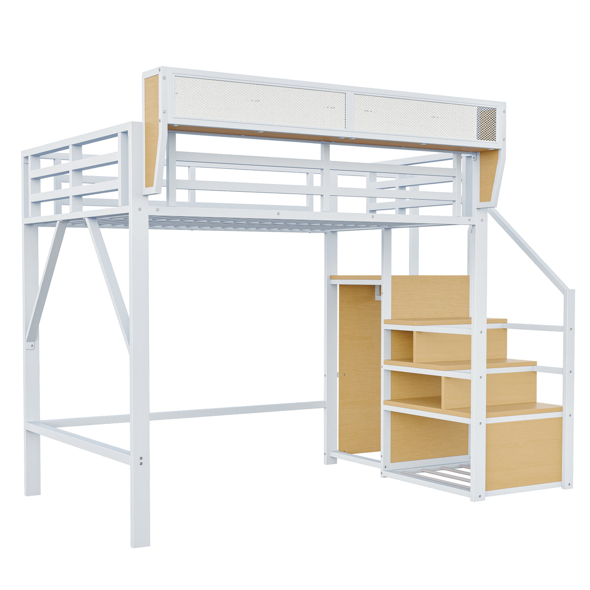 Loft Bed 140x200 with Safety Ladder & Storage, White Metal