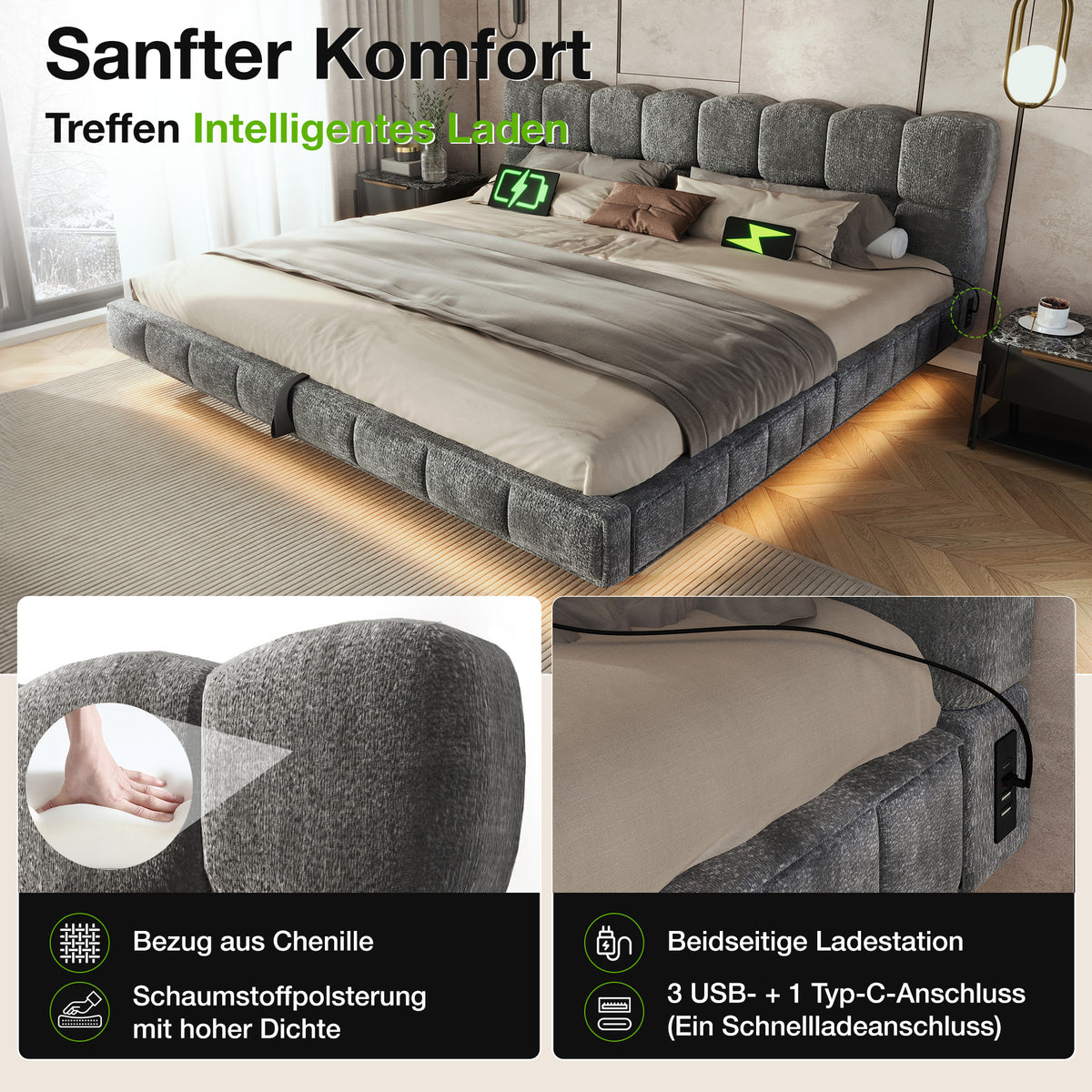 Upholstered Cloud Bed 180x200cm Hydraulic Storage LED, Grey Chenille