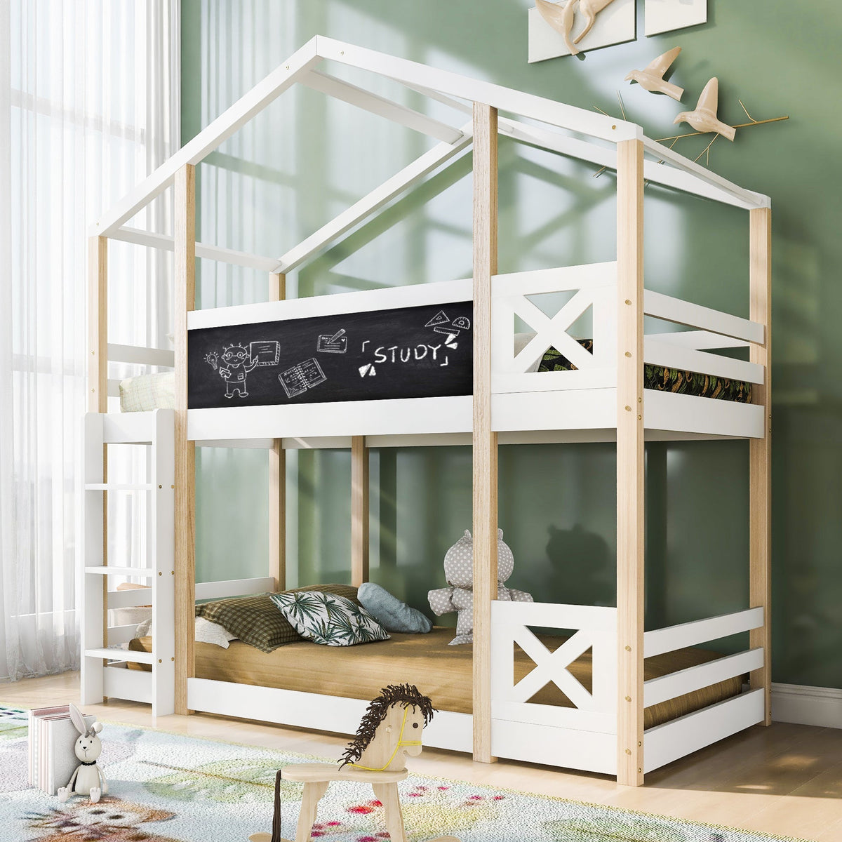 Children's Tree House Bed, Loft Bed with Ladder & Slatted Frames, 90x200 cm, Natural & White