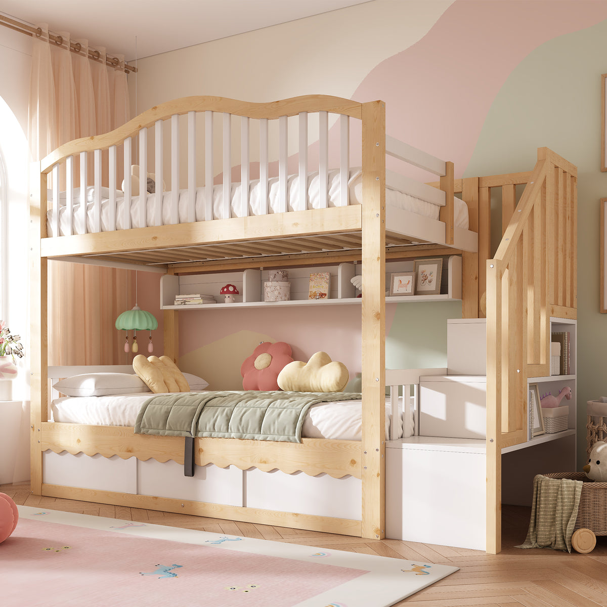Children's Bunk Bed 90x200 with Storage & Stairs, White & Oak