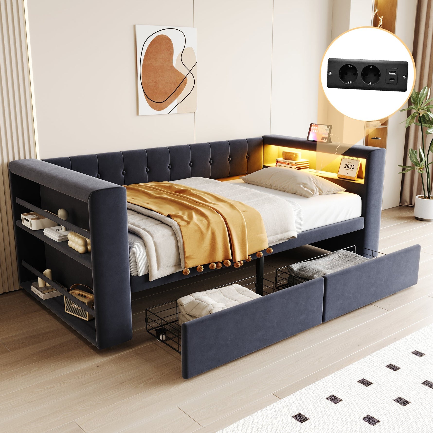 Upholstered Bed 90×190 cm LED Power Outlet Storage Drawers, Dark Grey