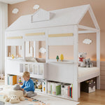 Loft Bed with House-Shaped Design, Bookshelf and Slatted Base, 90x200cm, White Pine + MDF