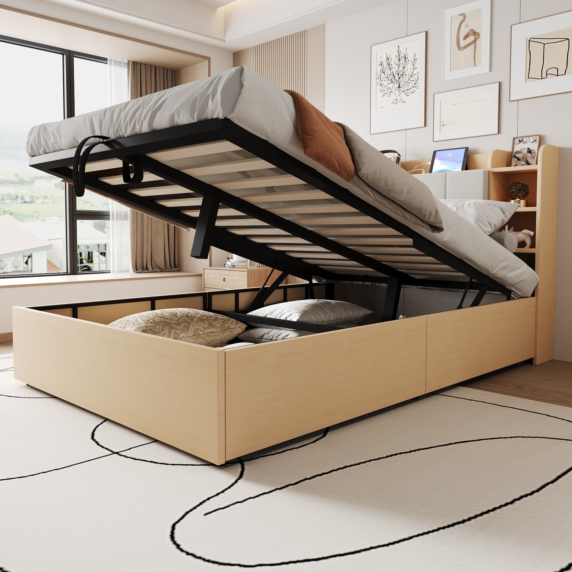 Wooden Bed, 140x200cm Hydraulic with Storage Headboard, USB & Type-C Socket, Wood Color