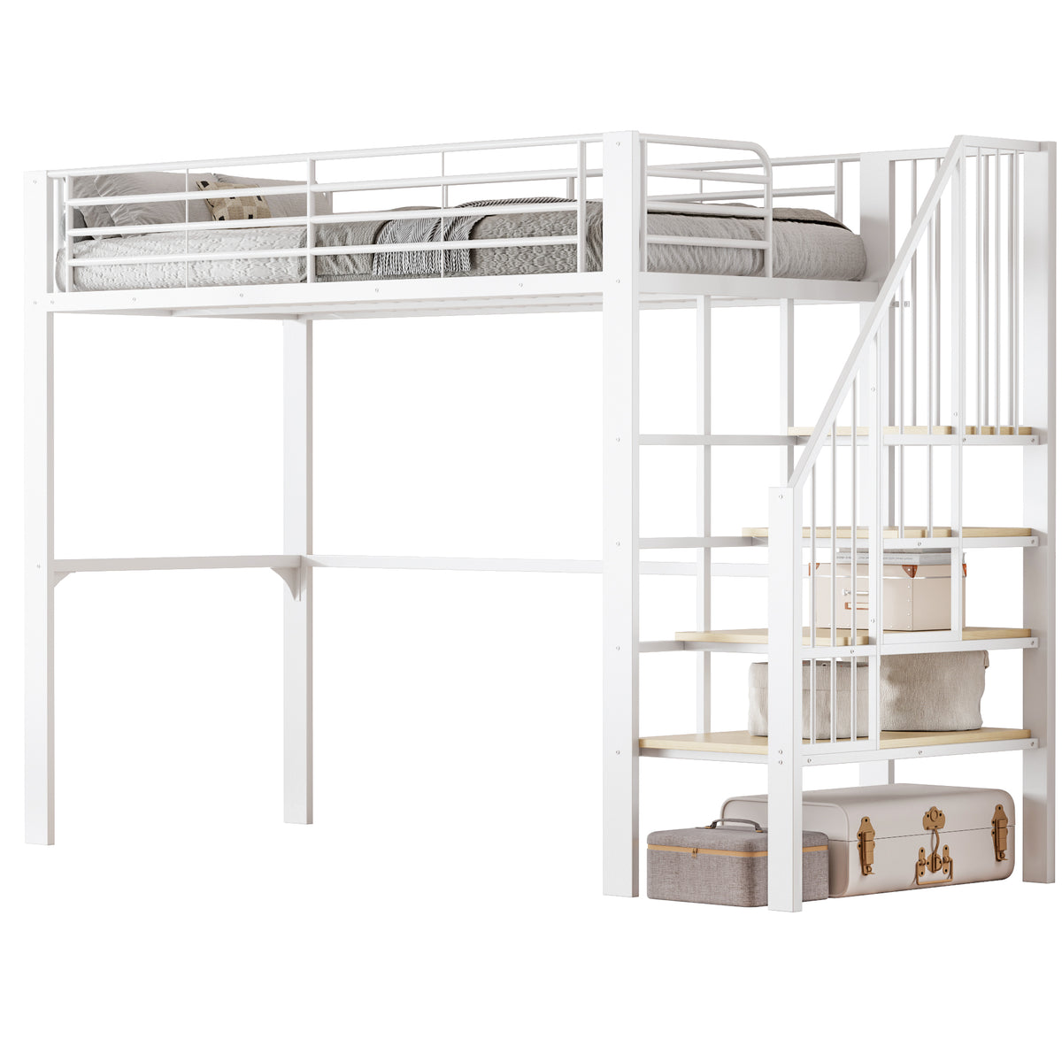 Loft Bed 90x200 cm with Storage Space & Stairs, Metal