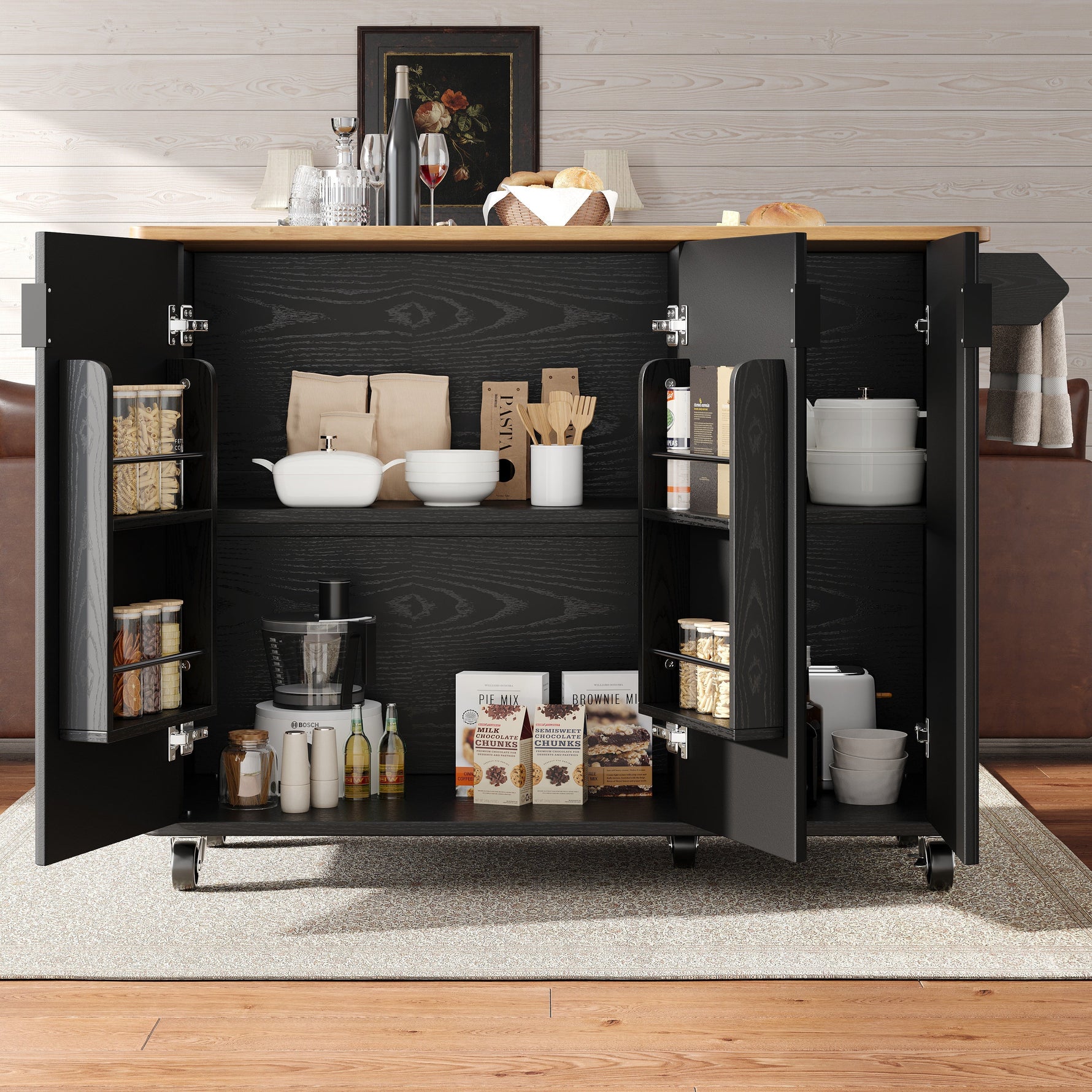 Kitchen Island Extendable 130cm Trolley 3 Doors Spice Rack - White/Black