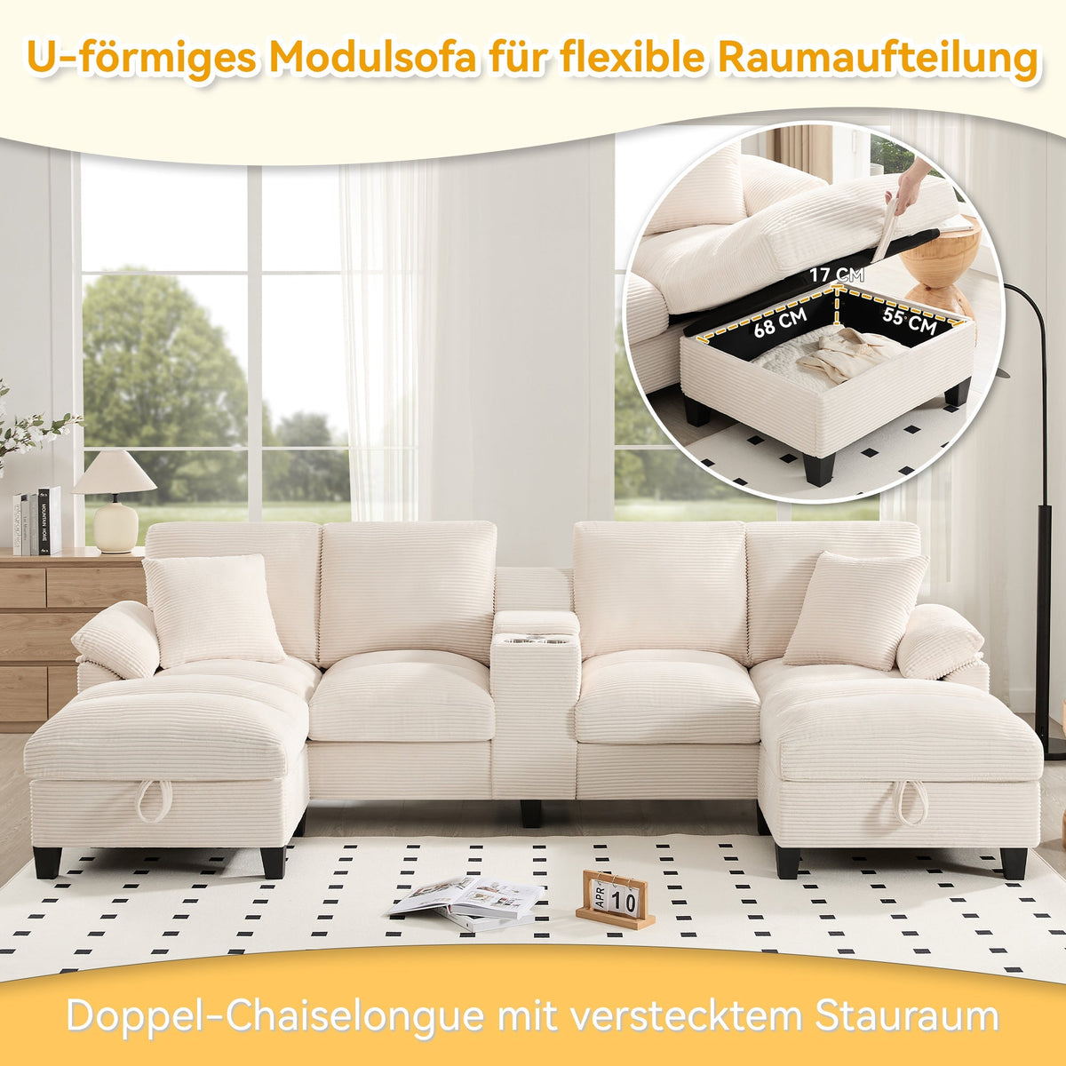 U-shaped Sofa 4-Seater with Storage USB Ports Cup Holders Oversized Corduroy