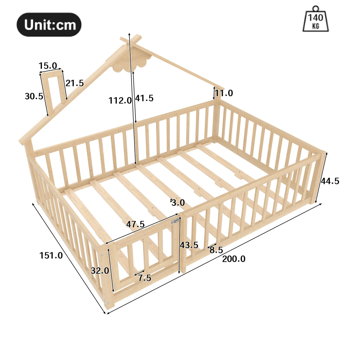 Flatbed 140x190cm House Rail with Lock - Pine Wood Natural
