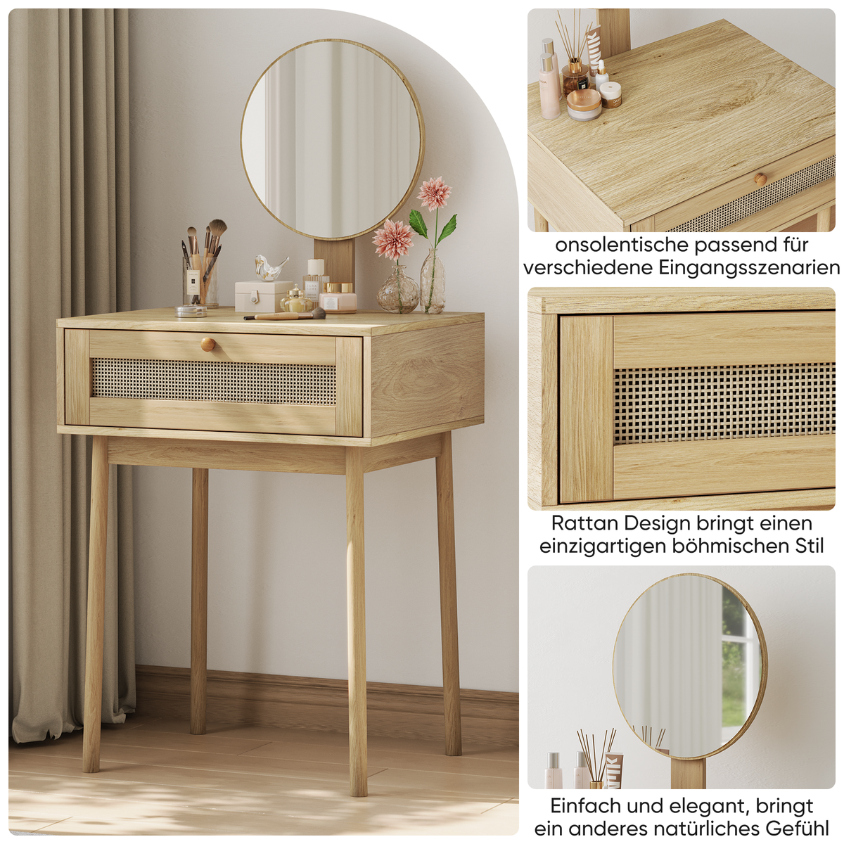 Compact Dressing Table with Mirror for Small Rooms, Rattan