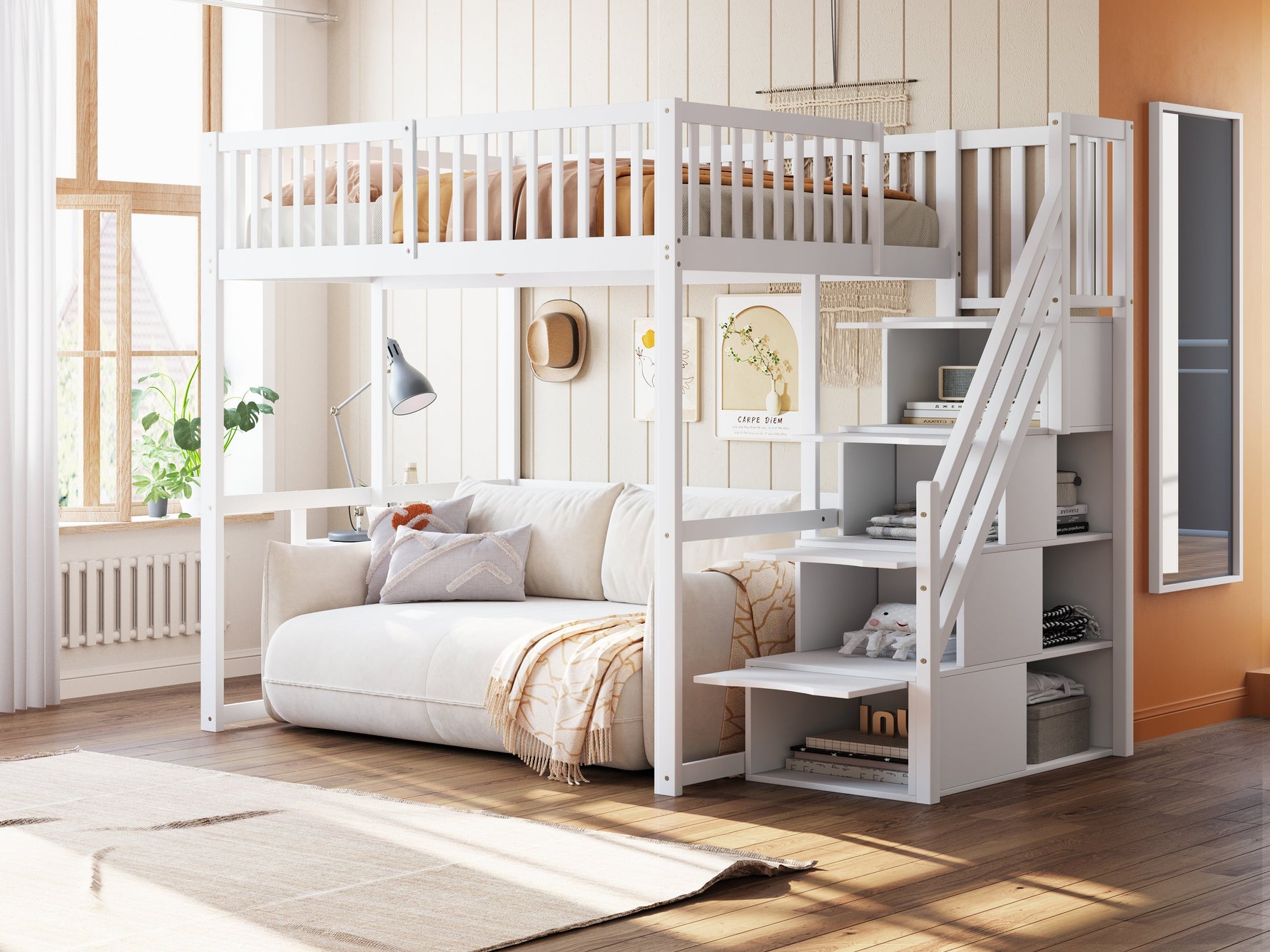 Loft Bed 140x200cm with Safety Storage Ladder and Railing, White Solid Pine Wood
