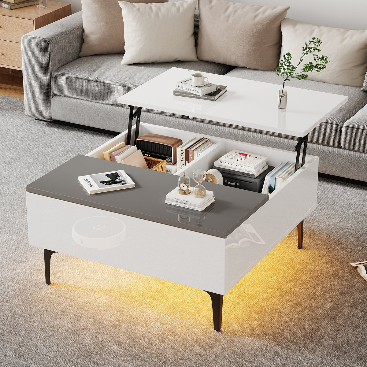Coffee Table, Height-Adjustable with Hidden Storage and Shelves, White High-Gloss
