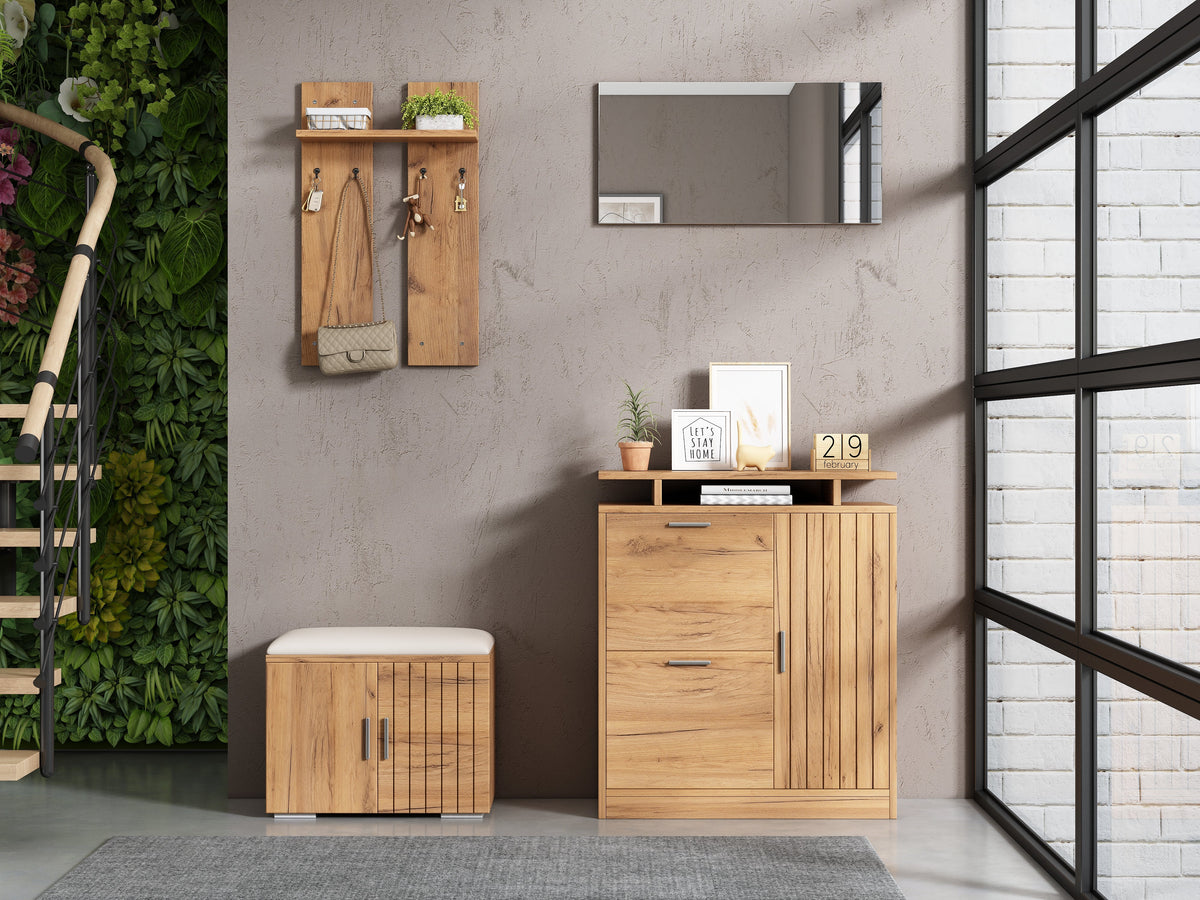 Hallway Wardrobe Set, Shoe Bench and Cabinet with Mirror, 4 Hooks, 5 Doors, Natural