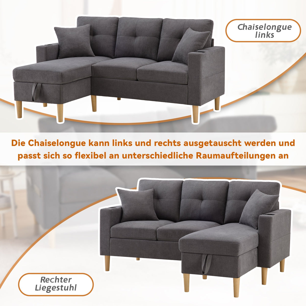 Sofa, L-Shaped Modern 3-Seater with Chaise, Storage, Cup Holder, Pillows
