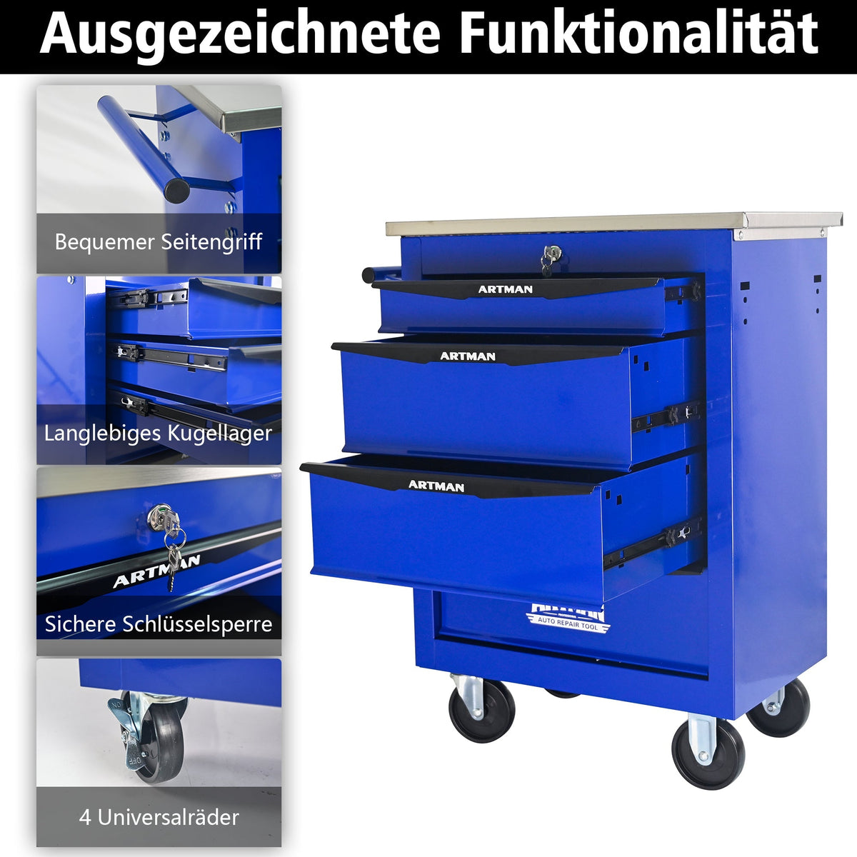 4-Drawer Tool Trolley, Multifunctional Rolling Storage, Metal, Black & Blue