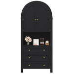 Tall Arched Storage Cabinet with Drawers, Doors & Open Display Area - Black
