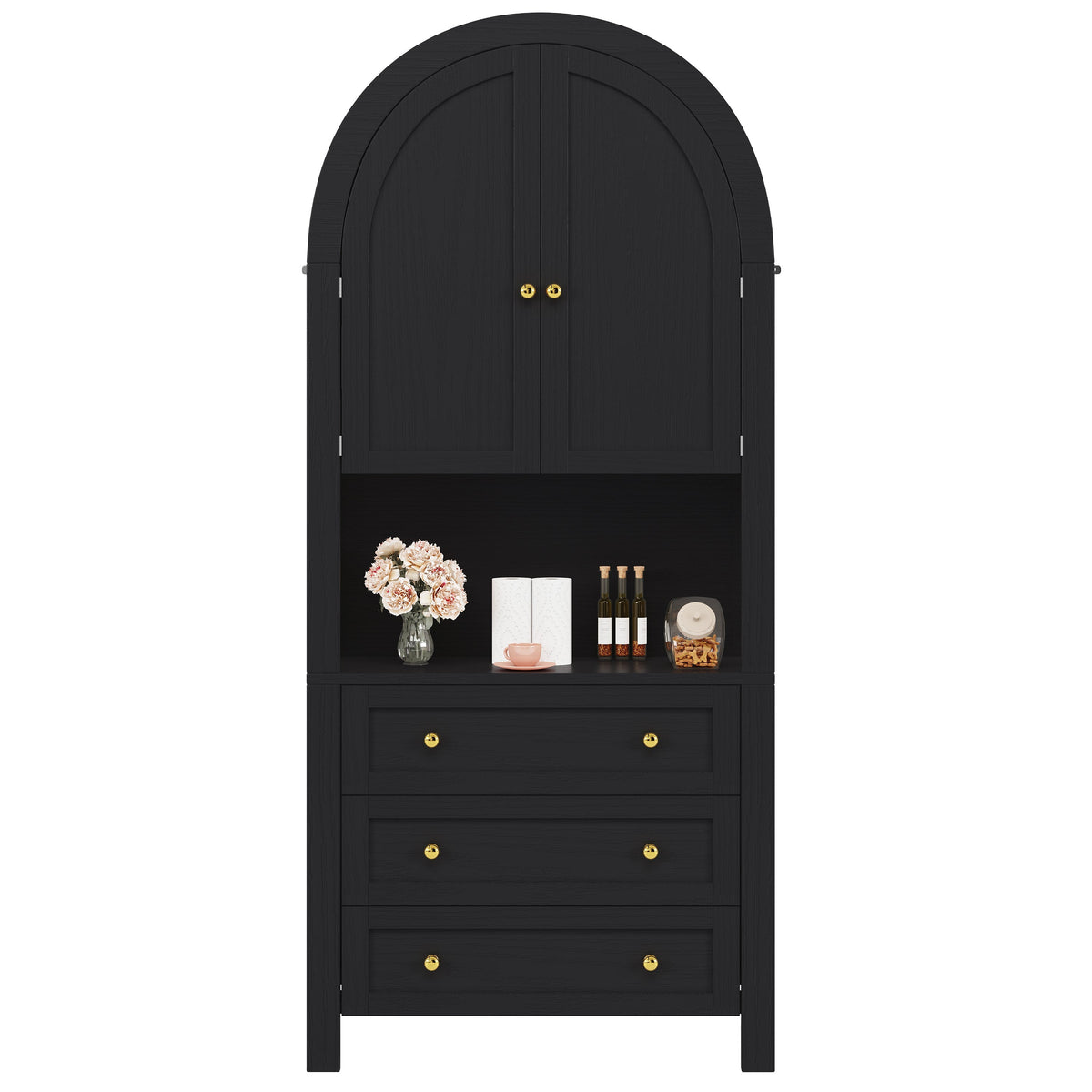 Tall Arched Storage Cabinet with Drawers, Doors & Open Display Area - Black