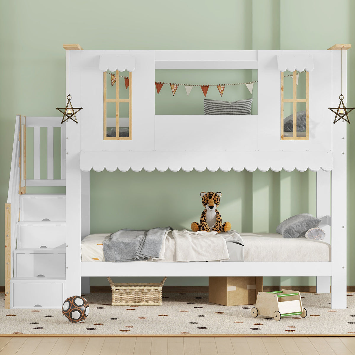 Children's Bunk Bed 90x200cm with Storage Stairs, White & Natural