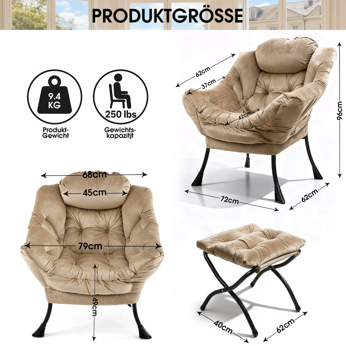 Recliner Armchair with Footstool & Side Pocket - Khaki
