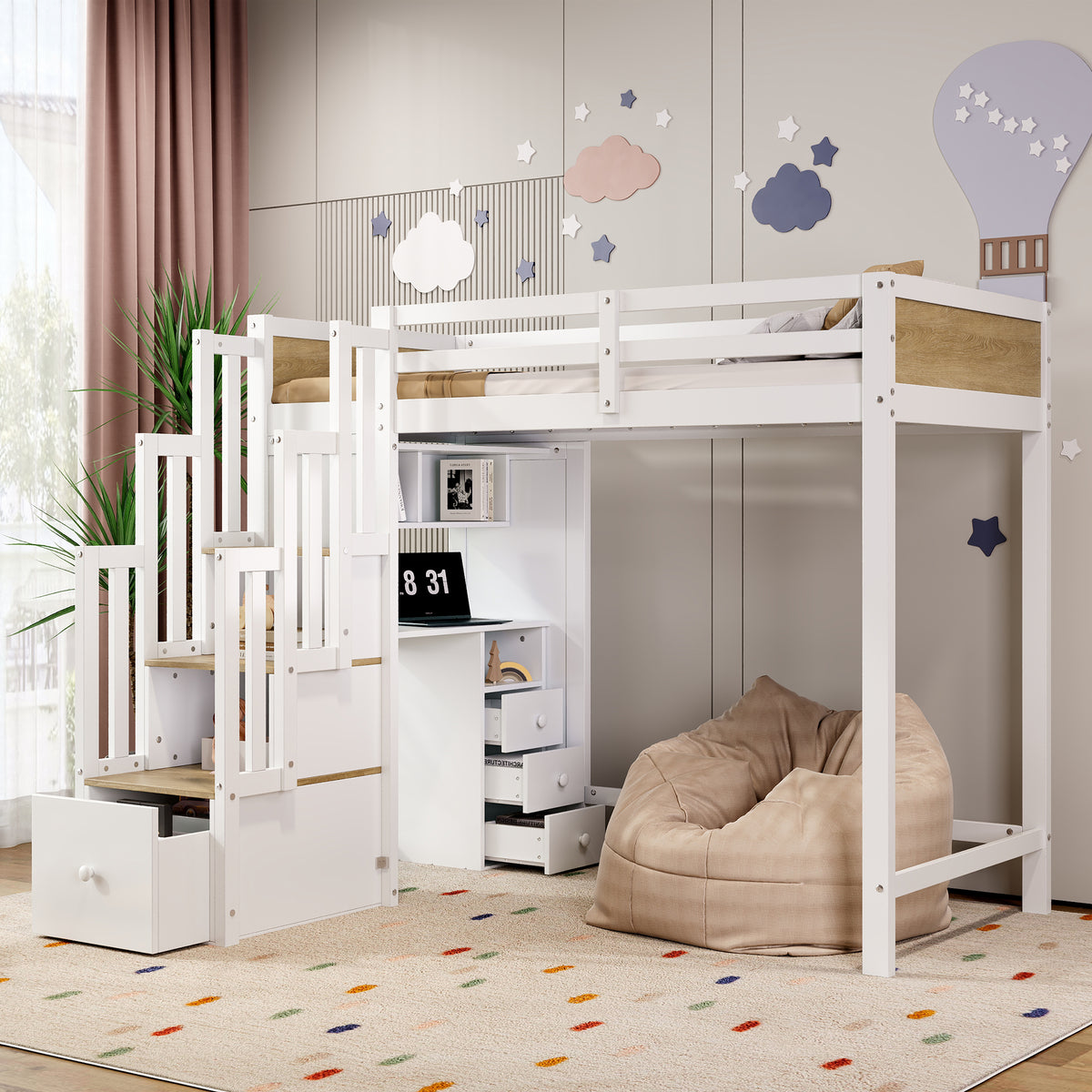 Wooden Mid-Sleeper Bed 90x200cm with Desk & Drawers, White & Natural