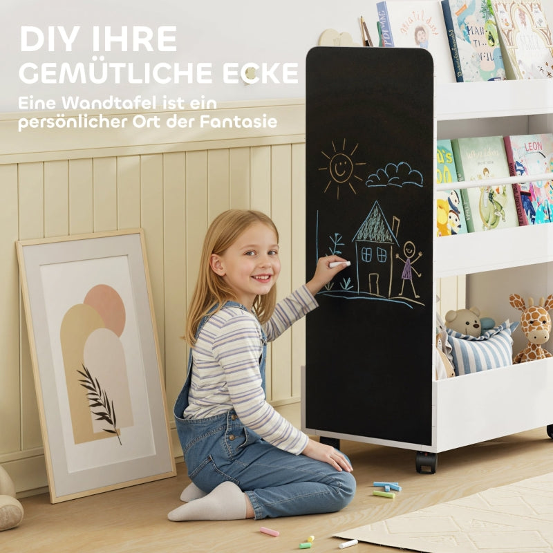 Children's Bookshelf 4 Shelves Chalkboard Wheels Storage White